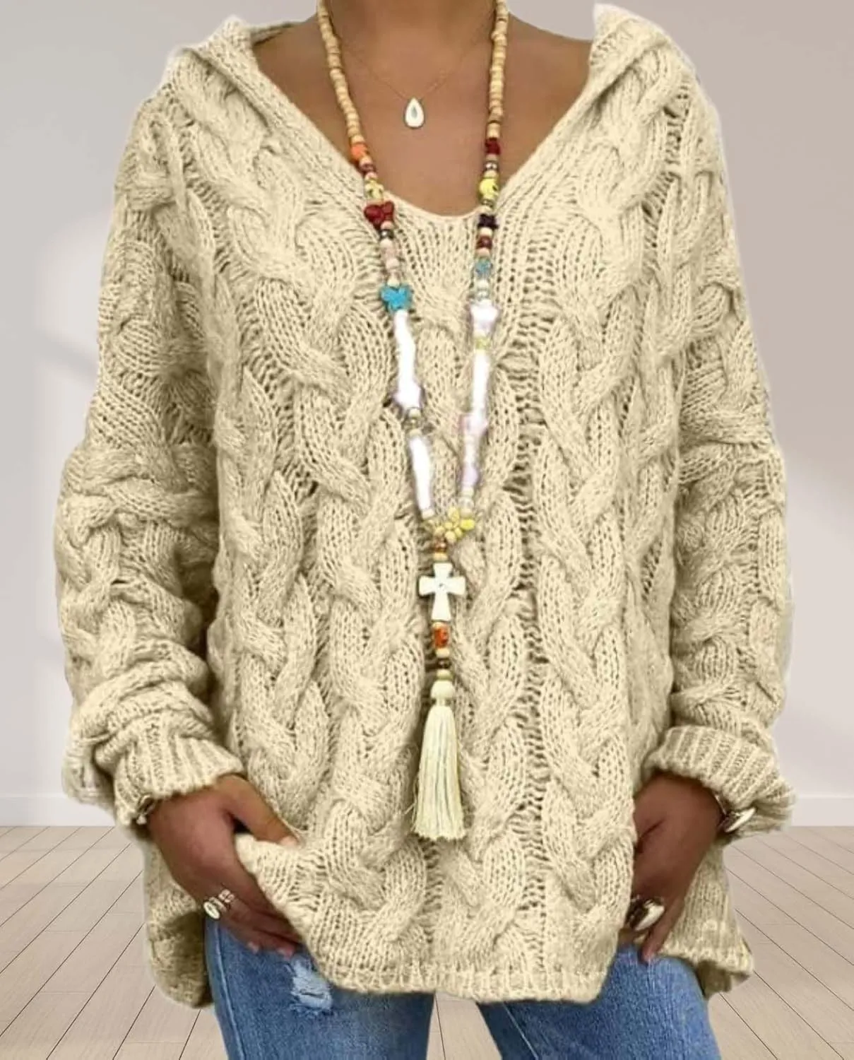 ZOCANIA Women's Oversized Chunky Cable Knit Pullover Sweaters Hooded V Neck Long Sleeve Loose Fit Sweater Hoodie for Fall