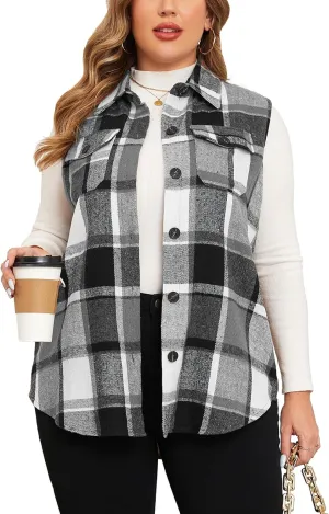 ZOMVA Plus Size 1X-5X Women's Flannel Plaid Long Vest Button Down Sleeveless Jacket Shacket Coat Casual Fall Fashion Outfits