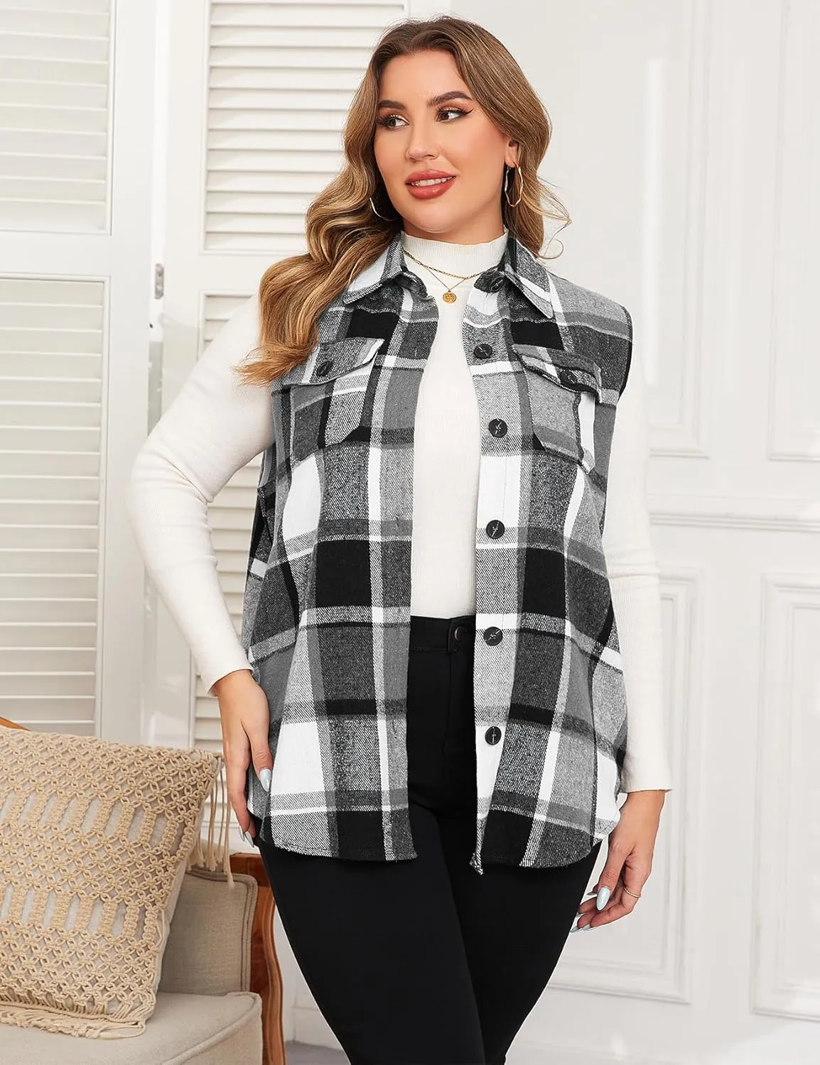 ZOMVA Plus Size 1X-5X Women's Flannel Plaid Long Vest Button Down Sleeveless Jacket Shacket Coat Casual Fall Fashion Outfits