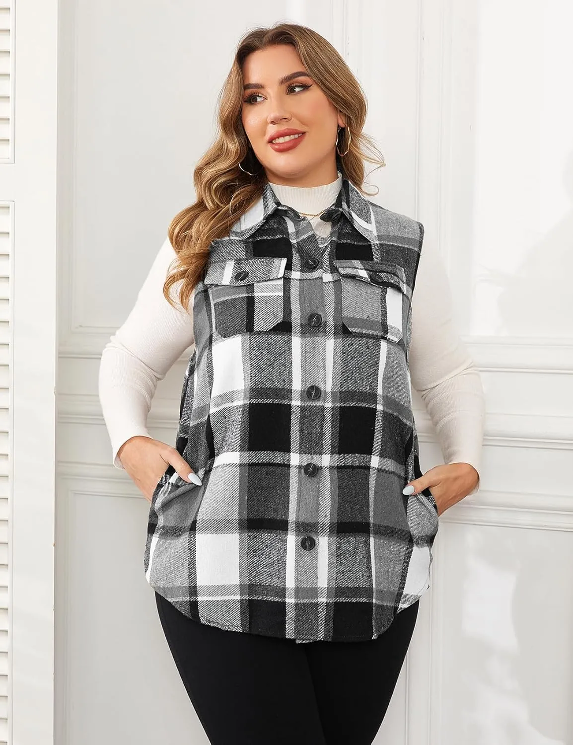 ZOMVA Plus Size 1X-5X Women's Flannel Plaid Long Vest Button Down Sleeveless Jacket Shacket Coat Casual Fall Fashion Outfits