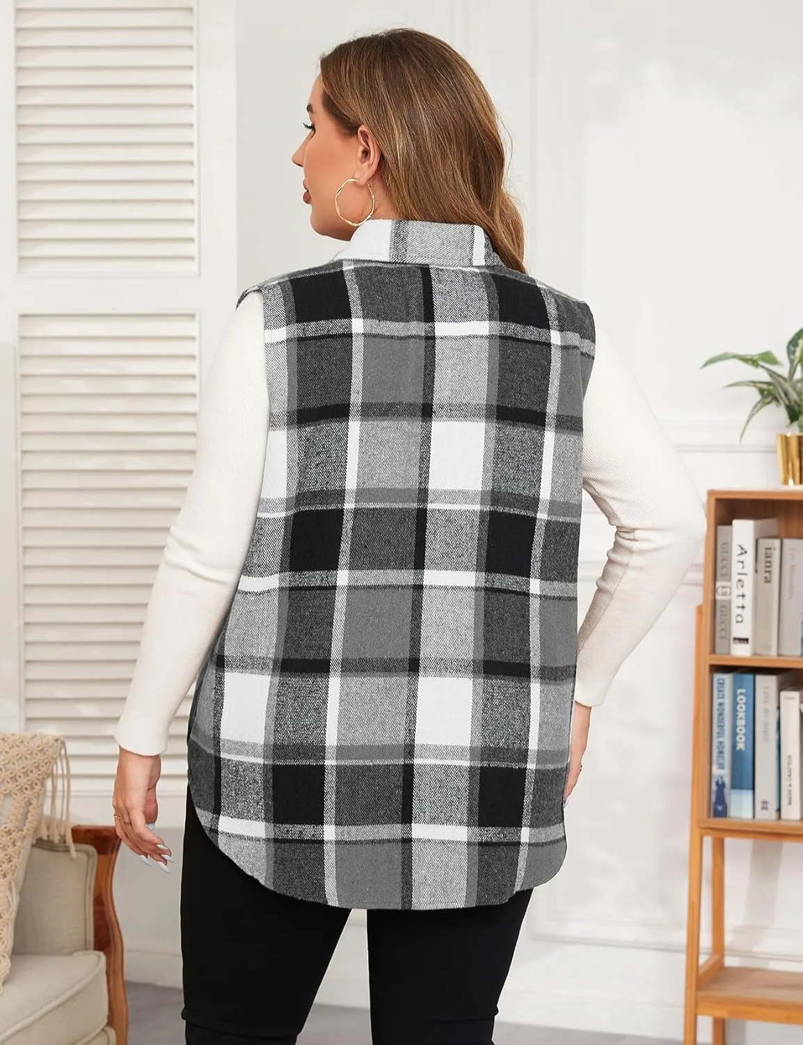 ZOMVA Plus Size 1X-5X Women's Flannel Plaid Long Vest Button Down Sleeveless Jacket Shacket Coat Casual Fall Fashion Outfits