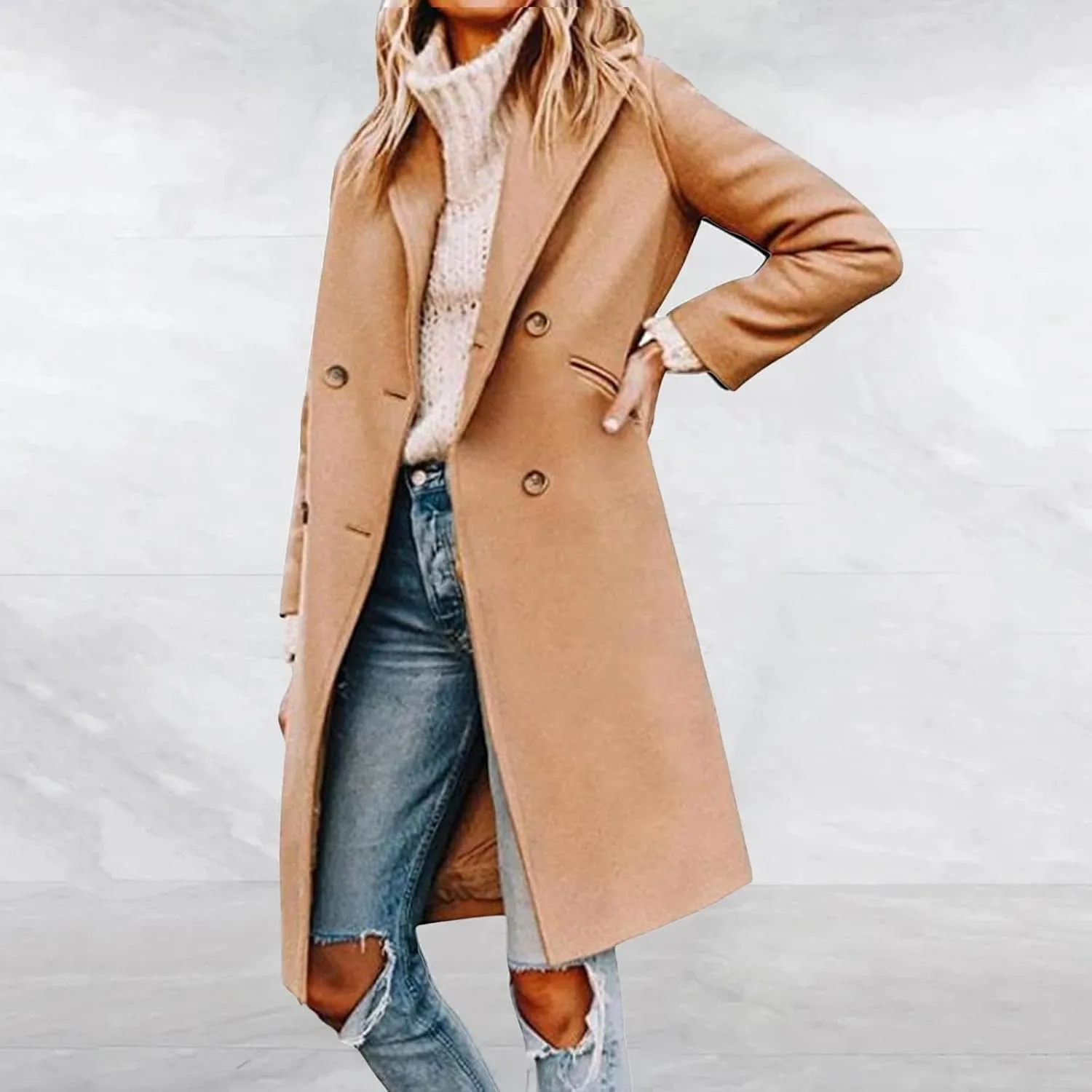 ZWRXW Women's Notch Lapel Pea Coat Double Breasted Wool Blend Coats Winter Elegant Mid Long Trench Coats Outwear with Pockets