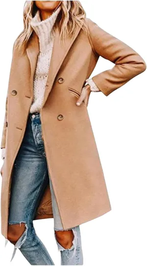 ZWRXW Women's Notch Lapel Pea Coat Double Breasted Wool Blend Coats Winter Elegant Mid Long Trench Coats Outwear with Pockets