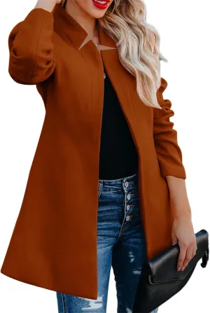 ZWRXW Womens Stand Collar Pea Coat Open Front Wool Blend Trench Coat Notched Lapel Mid Long Cardigan Trendy Slim Fit Overcoat