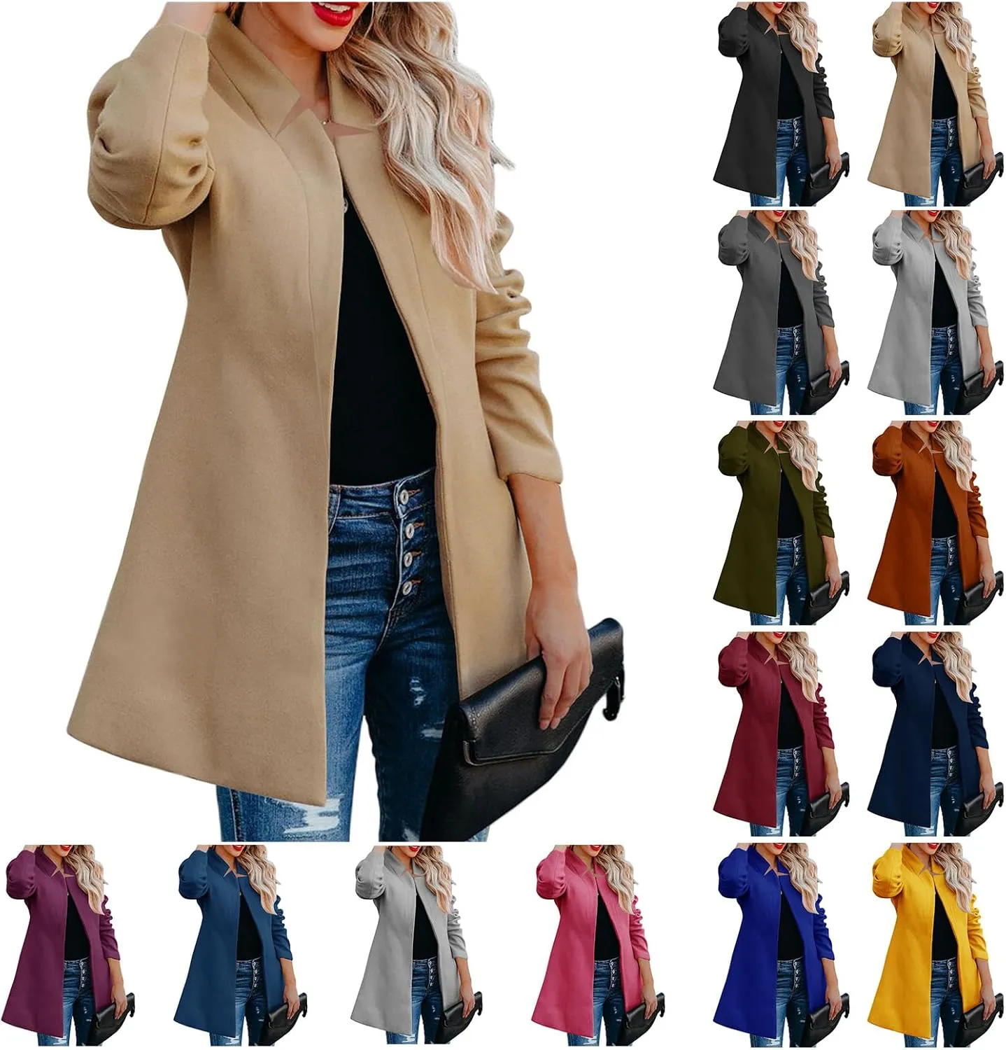 ZWRXW Womens Stand Collar Pea Coat Open Front Wool Blend Trench Coat Notched Lapel Mid Long Cardigan Trendy Slim Fit Overcoat